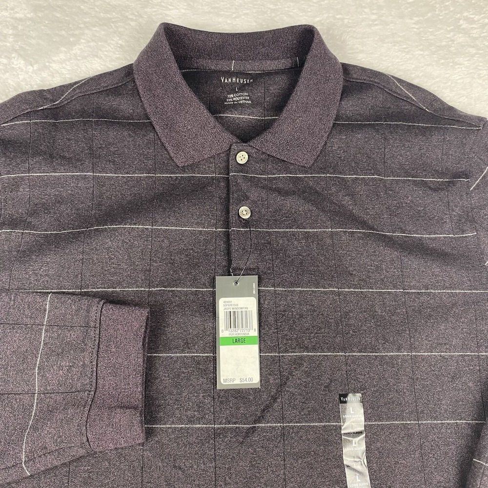 Van Heusen Polo Shirt Mens Large Purple Hortensia 1/4 Button Long Sleeves NWT!